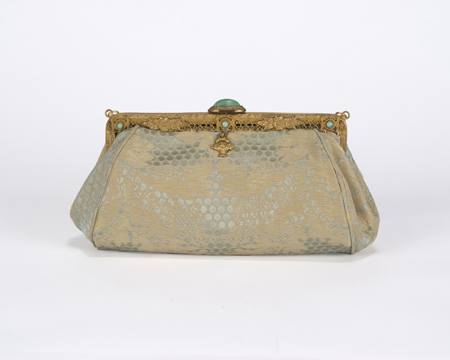 Early 1920s brass and jade frame with pale green silk moire purse