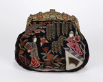 Exquisite Chinese stitch purse depicting a garden scene with ivory faced figural on a coral and jade frame, early 1900s